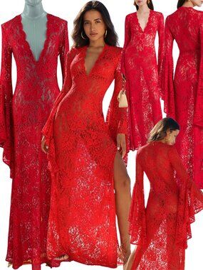 🆕 ALEXANDRA MIRO 🧿 NWOT Kara Long Boylen Sleeve Kaftan, Red Lace - Sz XS